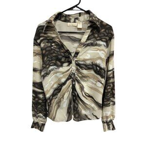 Caviar Beige Black Abstract Print Long Sleeve Button-Up Blouse Size L Modern Chi